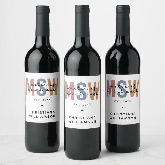 Custom MSW Master of Social Work Retro Graduation Wine Label (Bottles)