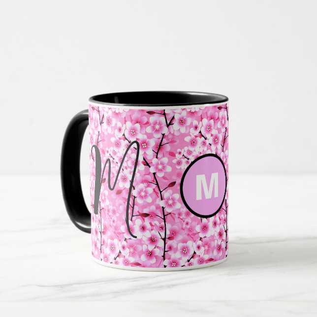 Custom Mug | Pink Floral Monogrammed Initial Mug (Front Left)