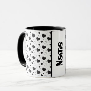 Custom Mug with a Name Black glossy hearts pattern