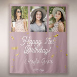 Custom Multi Photo Birthday Party Wall Backdrop Tapestry<br><div class="desc">Happy Birthday! Custom Photo Booth or Party Wall Backdrop as birthday party wall decor! Space for 3 photos of the birthday girl,  and easily customize the modern typography design with your name,  message,  and birth date. This layout features printed gold confetti sparkles over a blush pink background.</div>