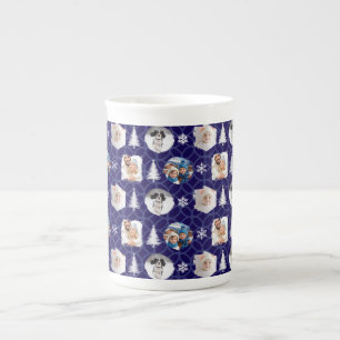 Custom Multi Photo Collage Dark Blue Christmas Bone China Mug
