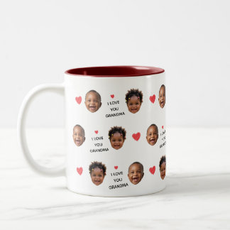 Custom Multi Photo Faces & Red Hearts Grandma Gift Two-Tone Coffee Mug