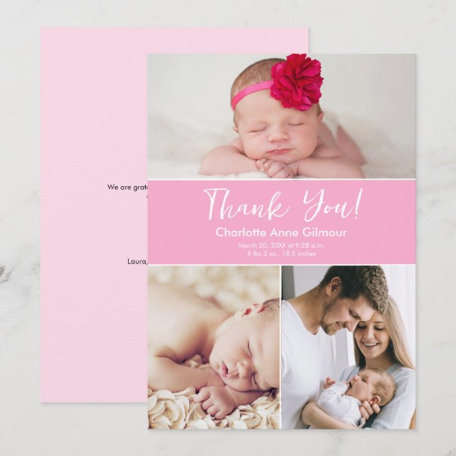 Custom Multiple Photos Soft Pink Baby Girl Shower  Thank You Card (Front/Back)