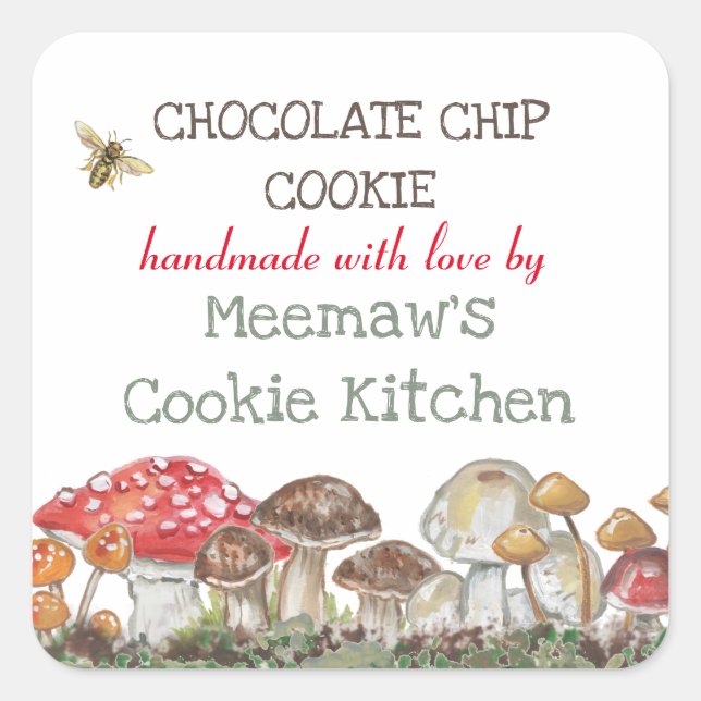 Custom Mushroom Nature Bee Painting Design Rustic Square Sticker (Front)