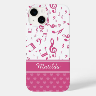 Custom Music Notes and Hearts Pattern Pink White Case-Mate iPhone 14 Case