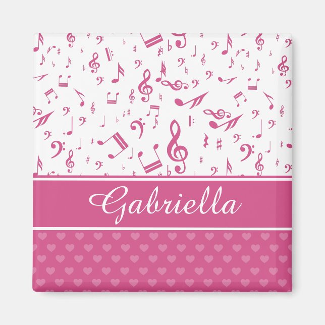 Custom Music Notes and Hearts Pattern Pink White Magnet (Front)