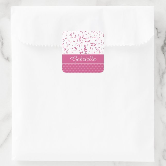 Custom Music Notes and Hearts Pattern Pink White Square Sticker (Bag)