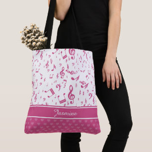 Custom Music Notes and Hearts Pattern Pink White Tote Bag