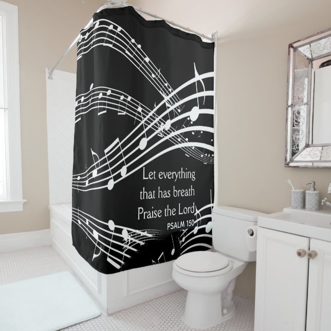 Custom Music Notes Black Shower Curtain (In Situ)