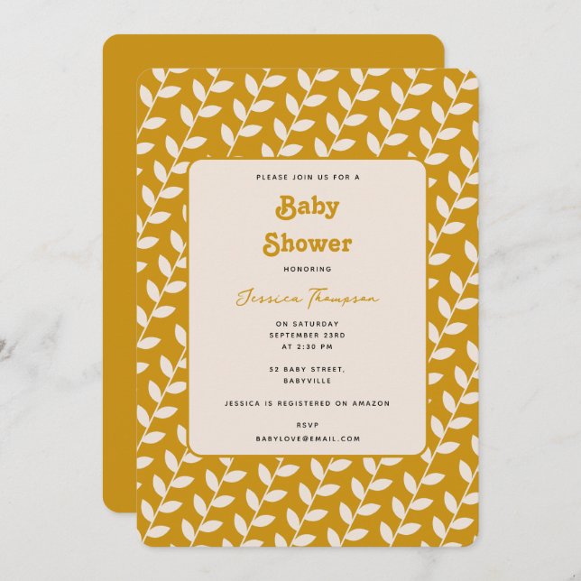 Custom Mustard 70s Retro Leaf Baby Shower Invitation (Front/Back)