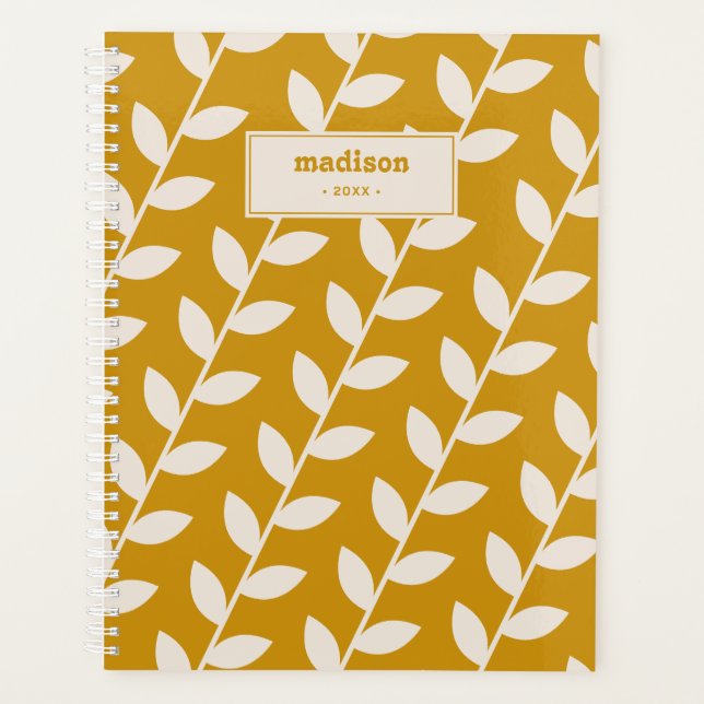 Custom Mustard 70s Retro Leaf Pattern Monogram  Planner (Front)