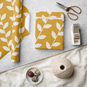 Custom Mustard 70s Retro Leaf Pattern  Wrapping Paper