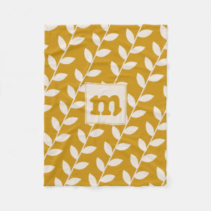 Custom Mustard Retro Leaf Pattern Monogram Fleece Blanket