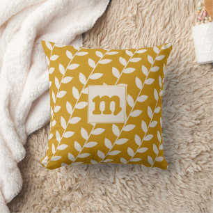 Custom Mustard Retro Leaf Pattern Monogram Throw Pillow