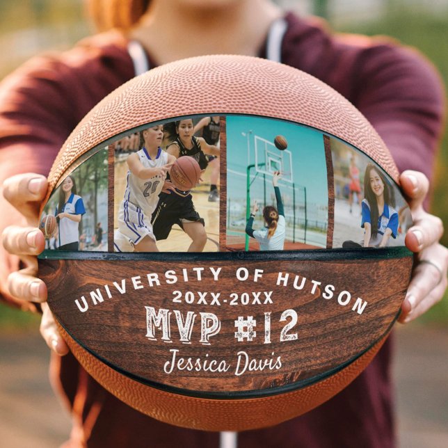 Custom MVP Player Number Photo Collage Woodgrain Basketball (Creator Uploaded)