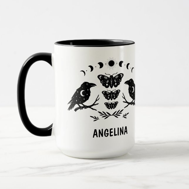 Custom Mystical Celestial Moth & Crows Goth Witchy Mug (Left)