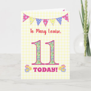 Custom Name 11th Birthday Primroses Bunting Card