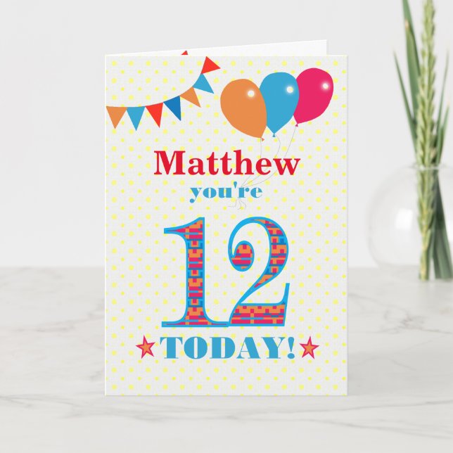 Custom Name 12th Birthday Bunting Balloons Card (Front)