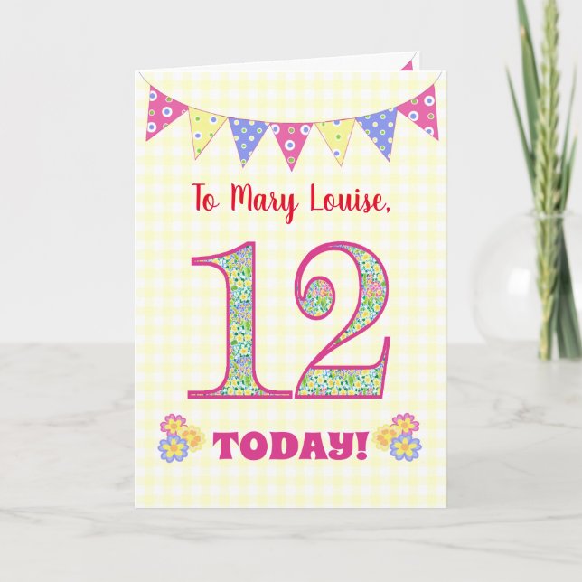 Custom Name 12th Birthday Primroses Bunting Card (Front)