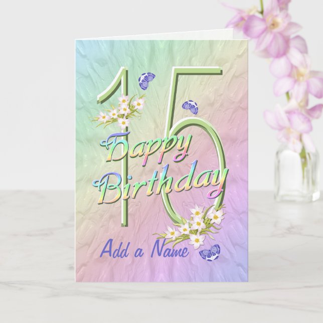 Custom Name 15th Birthday Butterfly Garden Card (Orchid)