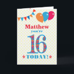 Custom Name 16th Birthday Bunting Balloons Card<br><div class="desc">A colorful birthday card for a 16-year-old for you to customize with a name, The large number 16 is filled with an orange, red and blue pattern, outlined in bright blue. There are balloons and bunting at the top, in matching colors and the front cover greeting is, '(Name here), you're...</div>