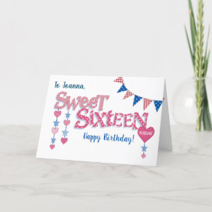Custom Name 16th Birthday Hearts Stars Card
