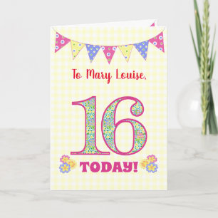 Custom Name 16th Birthday Primroses Bunting Card
