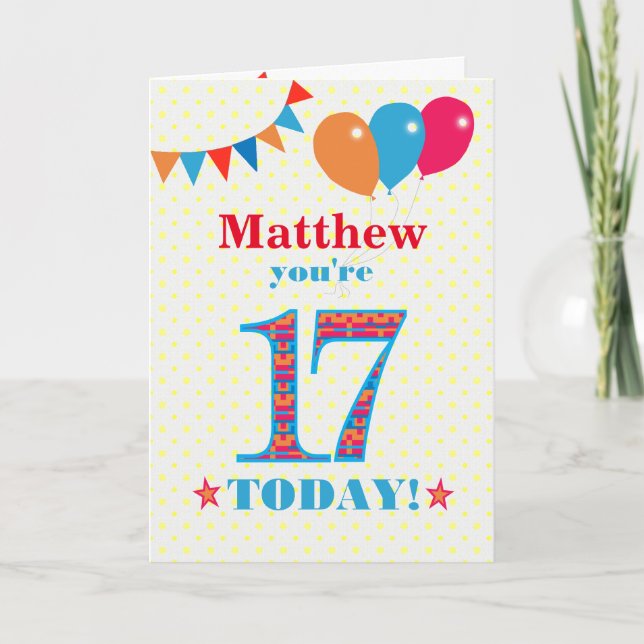 Custom Name 17th Birthday Bunting Balloons Card (Front)