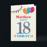 Custom Name 18th Birthday Bunting Balloons Card<br><div class="desc">A colorful birthday card for a 18-year-old for you to customize with a name, The large number 18 is filled with an orange, red and blue pattern, outlined in bright blue. There are balloons and bunting at the top, in matching colors and the front cover greeting is, '(Name here), you're...</div>