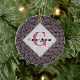 Custom Name 1920s Dusky Rose Floral Fronds Mandala Ceramic Ornament