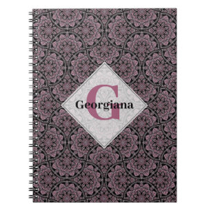 Custom Name 1920s Dusky Rose Floral Fronds Mandala Notebook