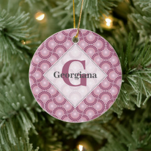 Custom Name 1920s Radiant Dusky Rose Dot Mandala Ceramic Ornament