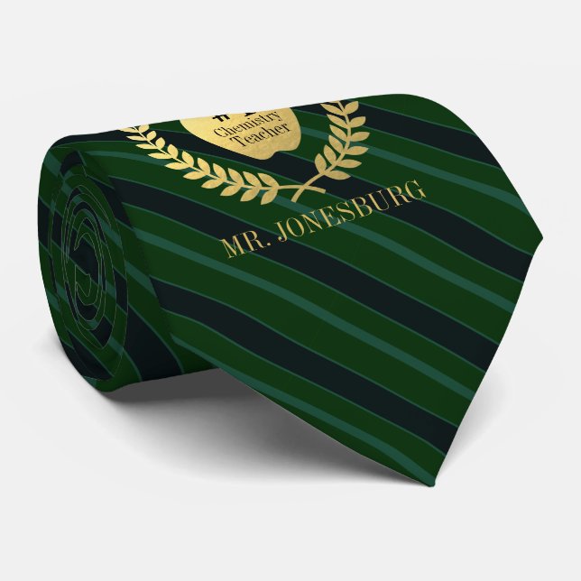 Custom Name #1 Teacher Faux Gold Green Striped Tie (Rolled)