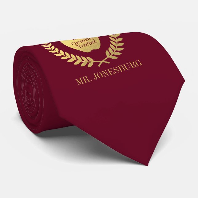 Custom Name #1 Teacher Rose Red Faux Gold Tie (Rolled)