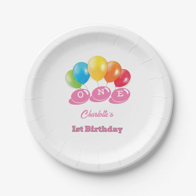 Custom Name 1st Birthday Girl Paper Plate (Front)
