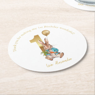 Custom Name 1st birthday Peter gold balloon Round Paper Coaster
