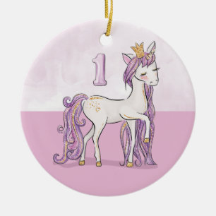 Custom Name 1st Birthday Pink Horse With Crown Ceramic Ornament