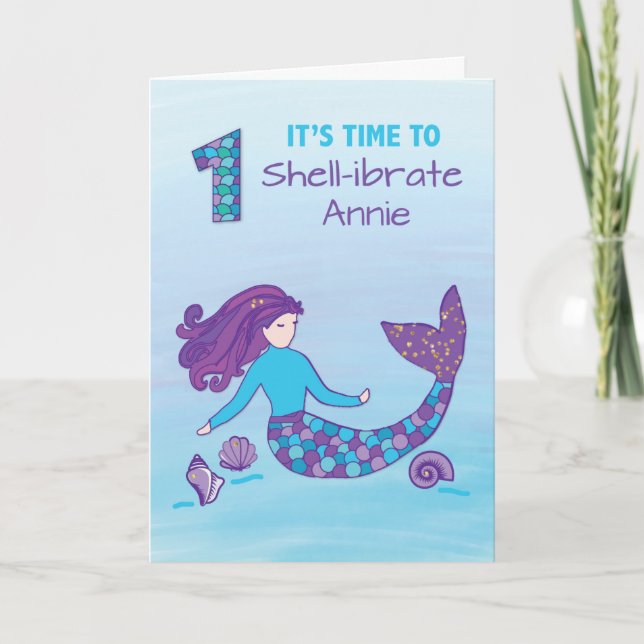 Custom Name 1st Birthday Sparkly Look Mermaid Card (Front)