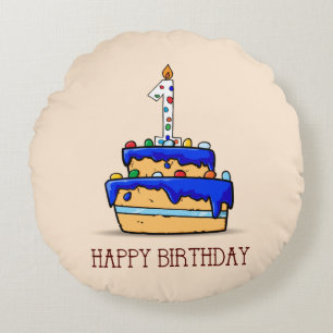 Custom Name, 1st Birthday, Sweet Blue Cake Round Pillow