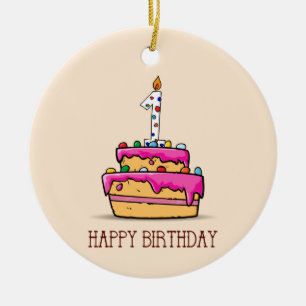 Custom Name, 1st Birthday, Sweet Pink Cake Ceramic Ornament