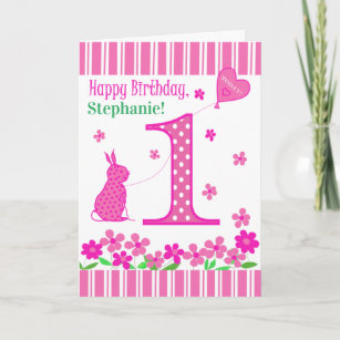Custom Name 1st Birthday with Pink Bunny Card