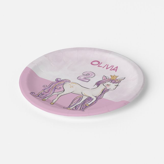 Custom Name 2nd Birthday Pink Horse With Crown Paper Plate (Angled)