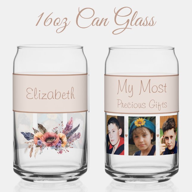 Custom name 3 photo flowers brown can glass (Creator Uploaded)