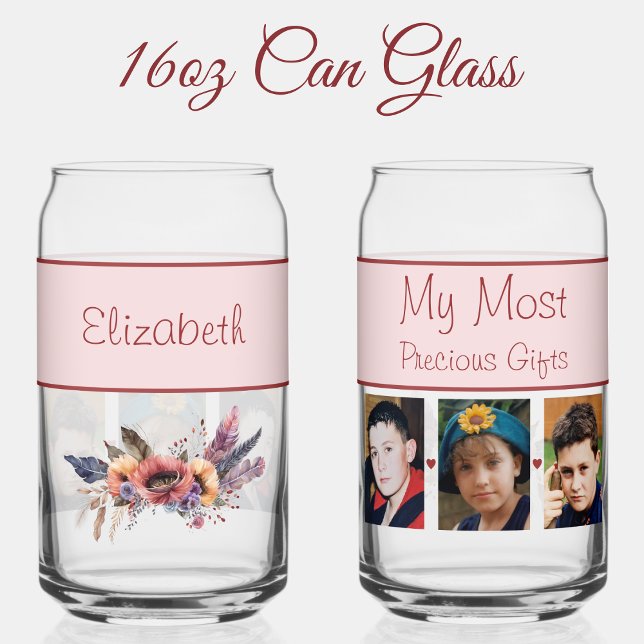 Custom name 3 photo flowers pink can glass (Creator Uploaded)