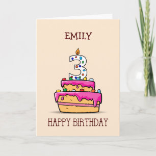 Custom Name, 3rd Birthday, 3 on Sweet Pink Cake Card