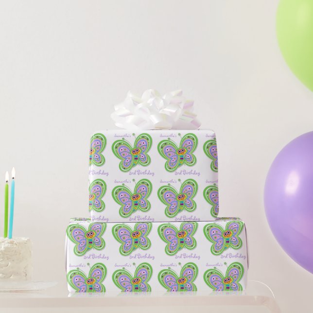 Custom Name 3rd Birthday Butterfly Wrapping Paper (Party Gifts)