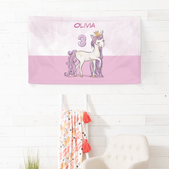 Custom Name 3rd Birthday Pink Horse With Crown Banner (Insitu)