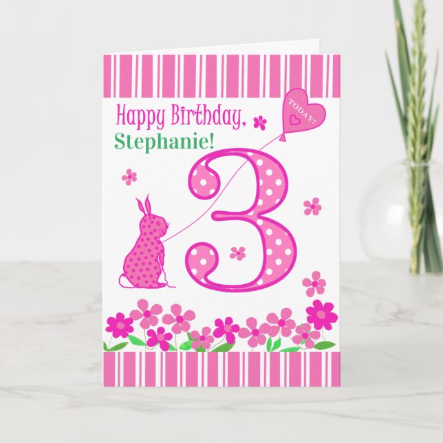 Custom Name 3rd Birthday with Pink Bunny Card (Front)