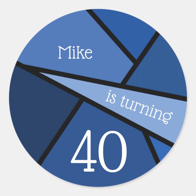 Custom Name 40th Birthday Abstract Blue Geometric Classic Round Sticker (Front)