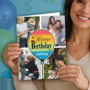Custom Name 4 Photo Colourful Balloon Birthday Car Card
